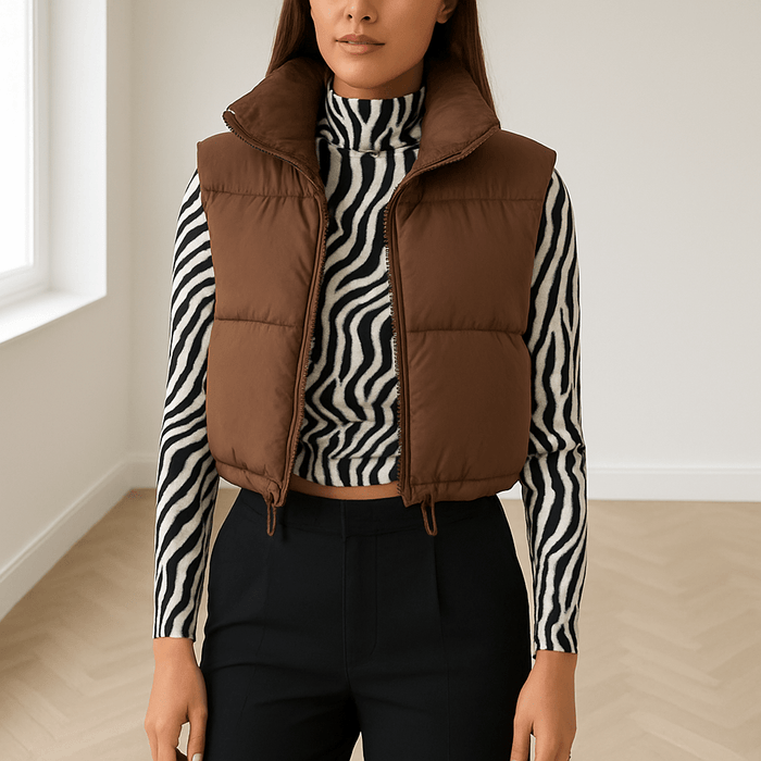 Women's Cropped Vest — Sleeveless High Collar Zipper Puffer