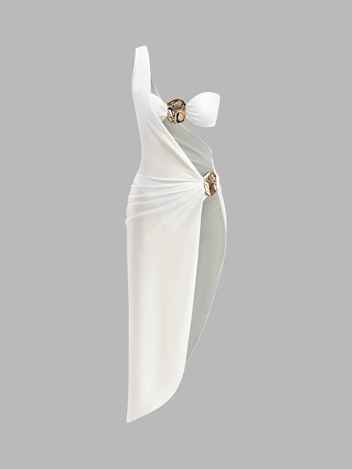 Women's Cut-Out Dress — One Shoulder Draped Satin Long Length
