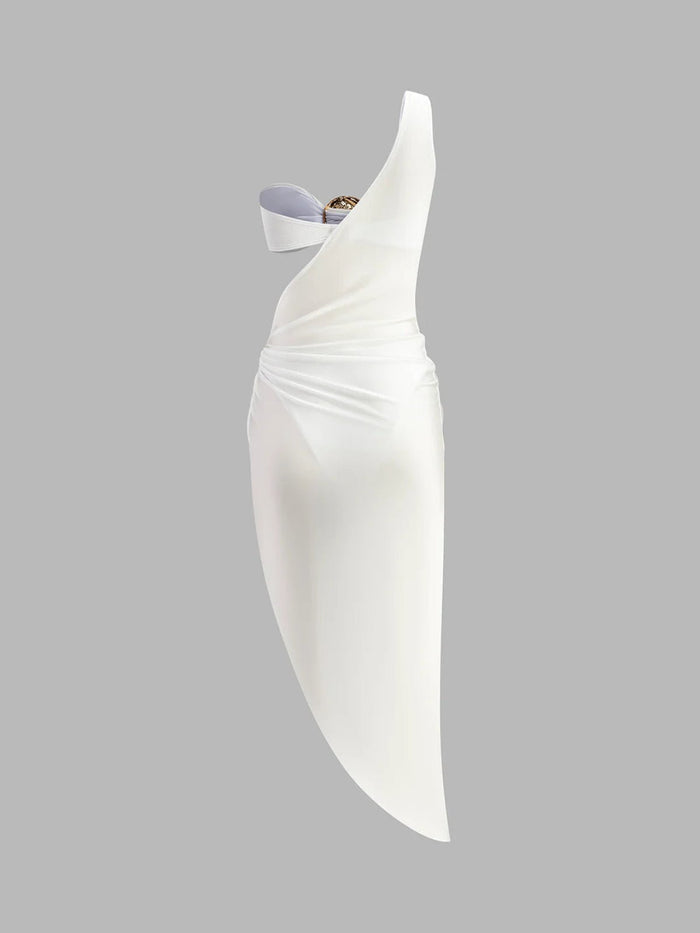 Women's Cut-Out Dress — One Shoulder Draped Satin Long Length