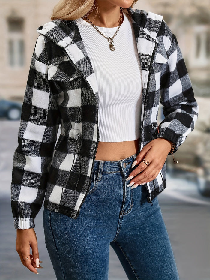 Women's Jacket — Checked Pattern Hooded Zipper Closure
