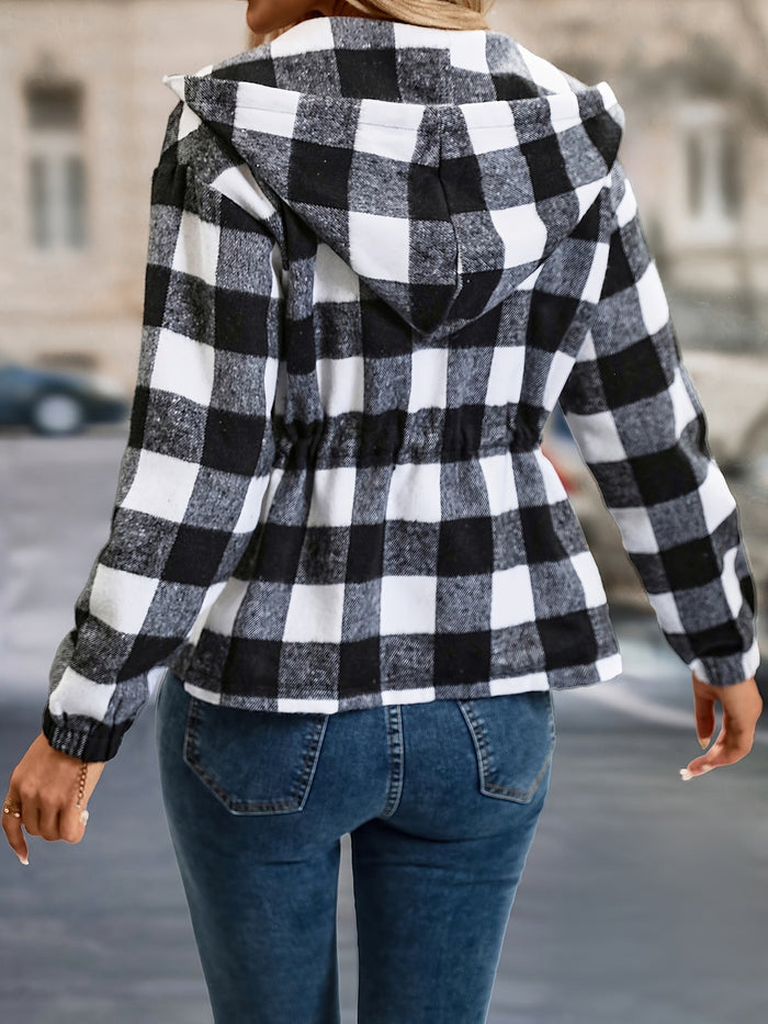 Women's Jacket — Checked Pattern Hooded Zipper Closure