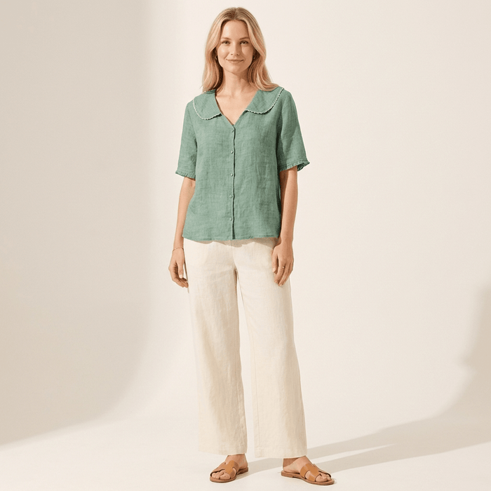 Women's Linen Blouse - Relaxed Fit V-Neck Wavy Hem Detail