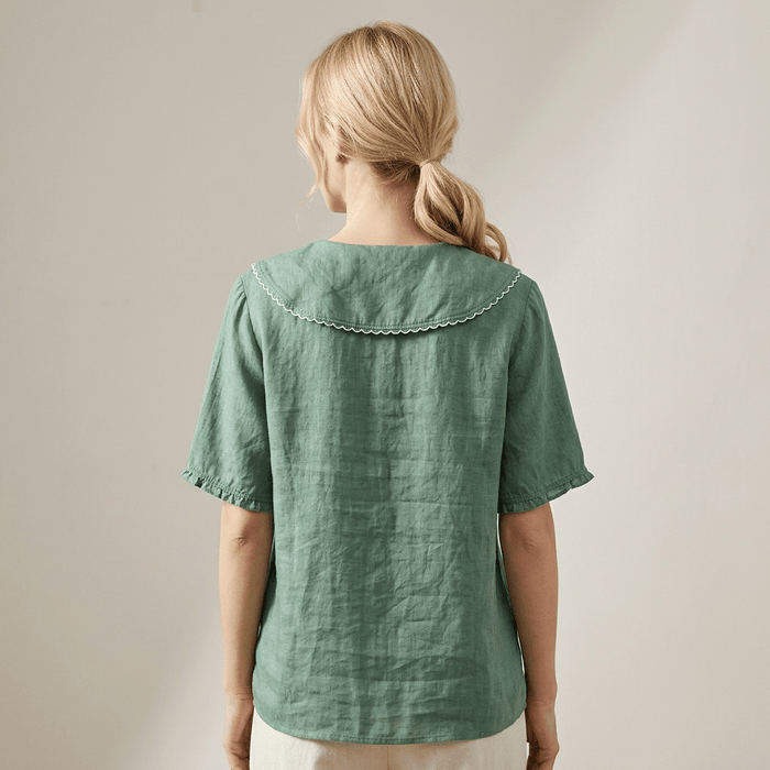 Women's Linen Blouse - Relaxed Fit V-Neck Wavy Hem Detail