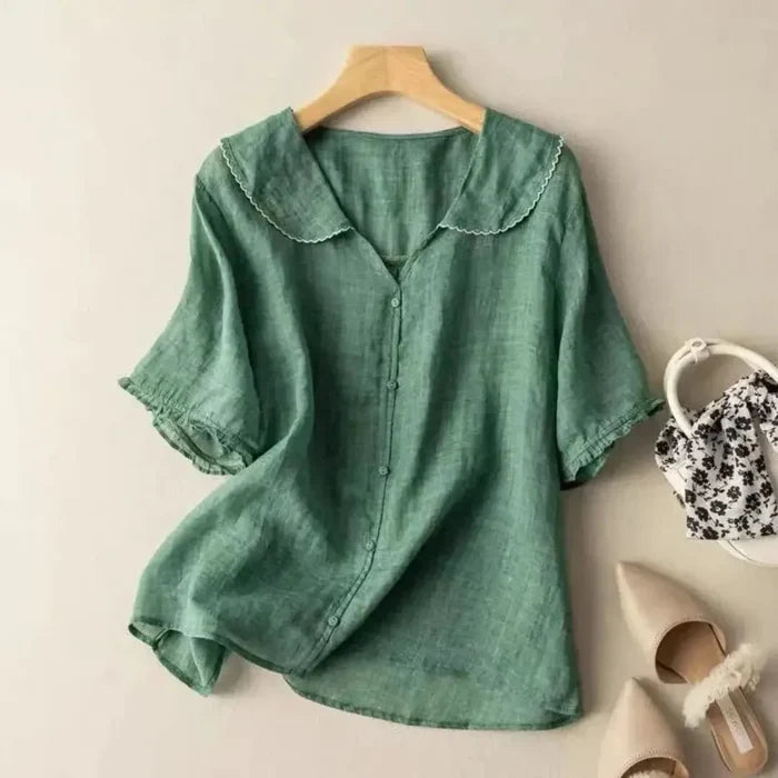 Women's Linen Blouse - Relaxed Fit V-Neck Wavy Hem Detail