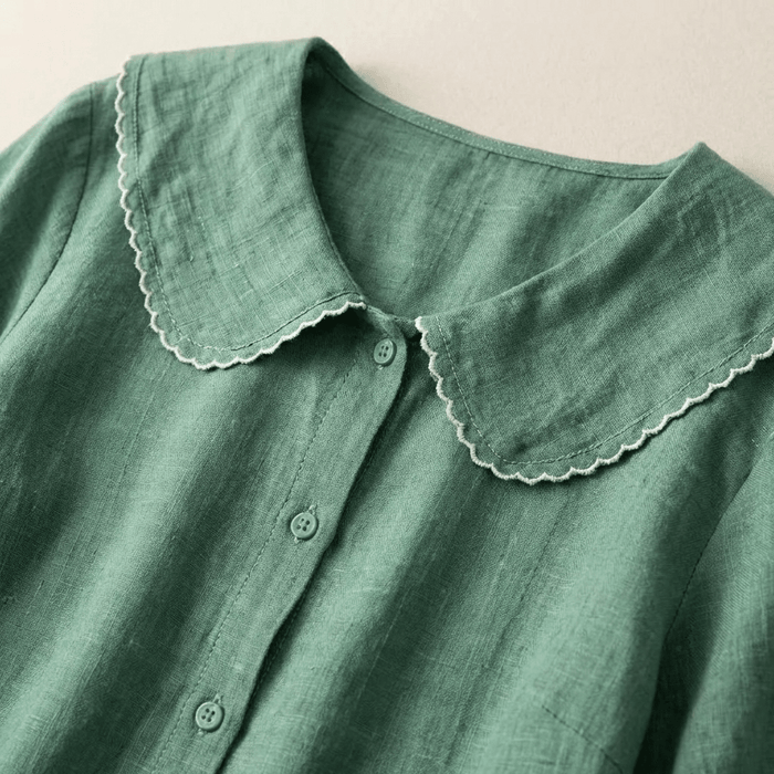 Women's Linen Blouse - Relaxed Fit V-Neck Wavy Hem Detail