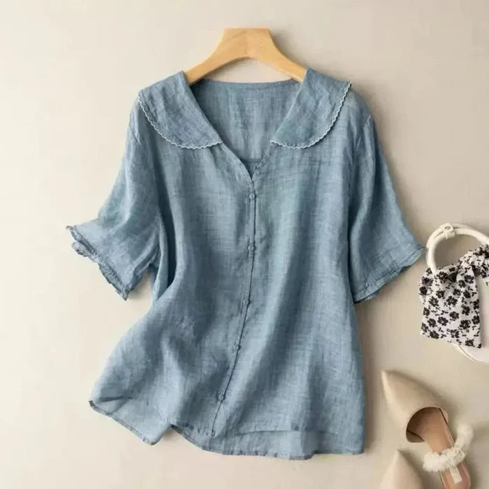 Women's Linen Blouse - Relaxed Fit V-Neck Wavy Hem Detail