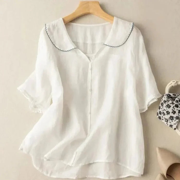 Women's Linen Blouse - Relaxed Fit V-Neck Wavy Hem Detail