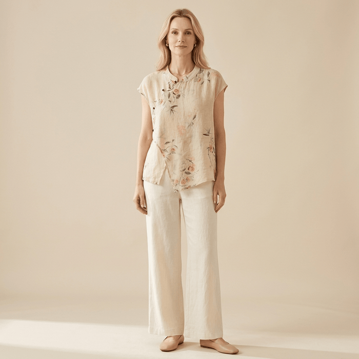 Women's Linen Blouse - Sleeveless Mandarin Collar Button Placket