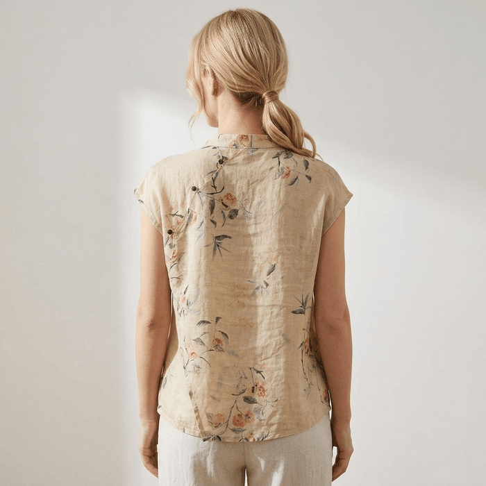 Women's Linen Blouse - Sleeveless Mandarin Collar Button Placket