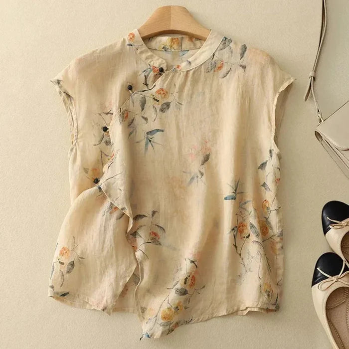 Women's Linen Blouse - Sleeveless Mandarin Collar Button Placket