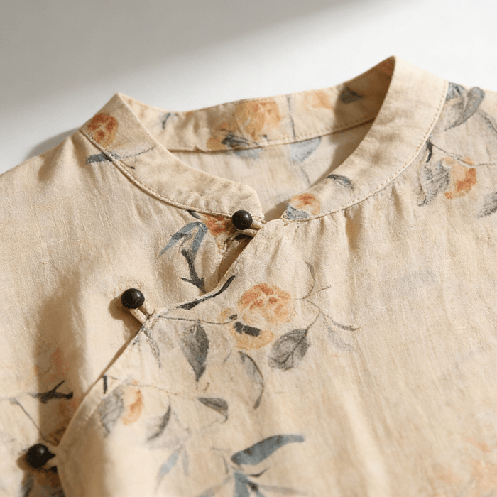 Women's Linen Blouse - Sleeveless Mandarin Collar Button Placket