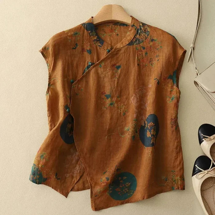 Women's Linen Blouse - Sleeveless Mandarin Collar Button Placket