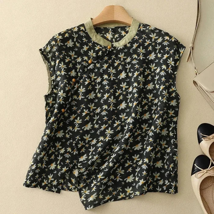 Women's Linen Blouse - Sleeveless Mandarin Collar Button Placket