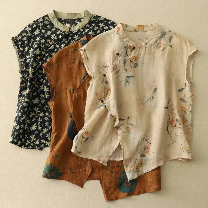 Women's Linen Blouse - Sleeveless Mandarin Collar Button Placket
