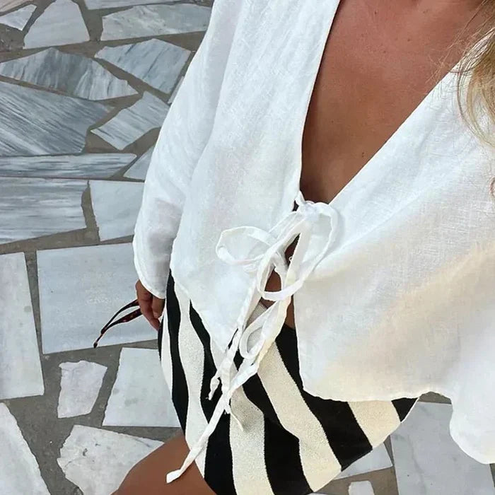 Women's Linen Crop Top - Front Tie Structured Fit