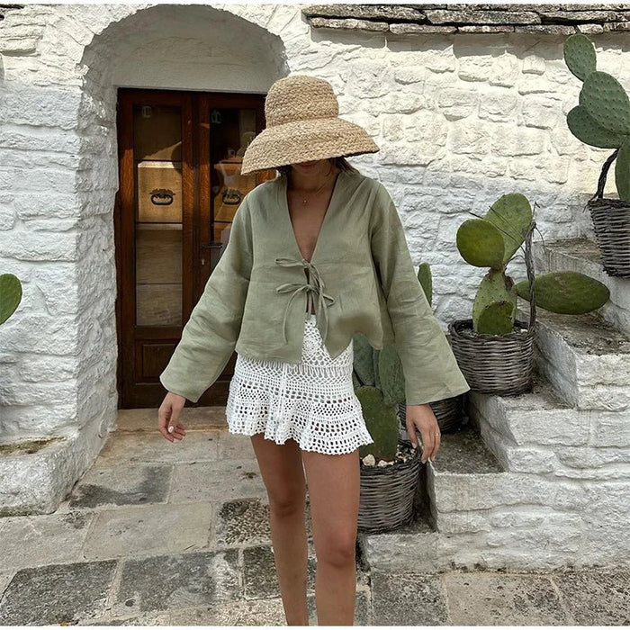 Women's Linen Crop Top - Front Tie Structured Fit