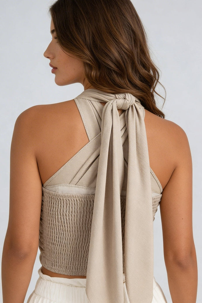 Women's Linen Crop Top - Halterneck Cross Front Design