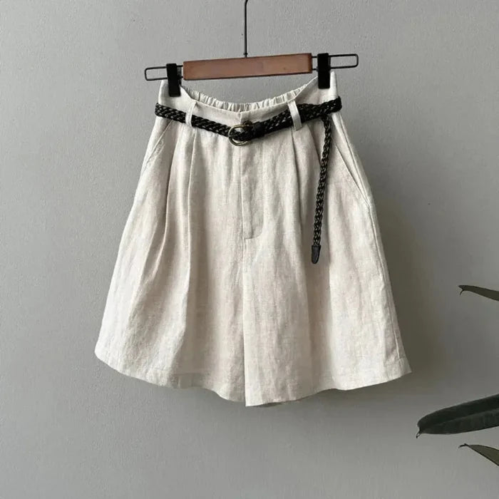 Women's Linen High Waist Pleated Shorts - Elastic Waistband