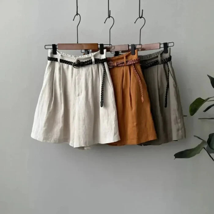 Women's Linen High Waist Pleated Shorts - Elastic Waistband