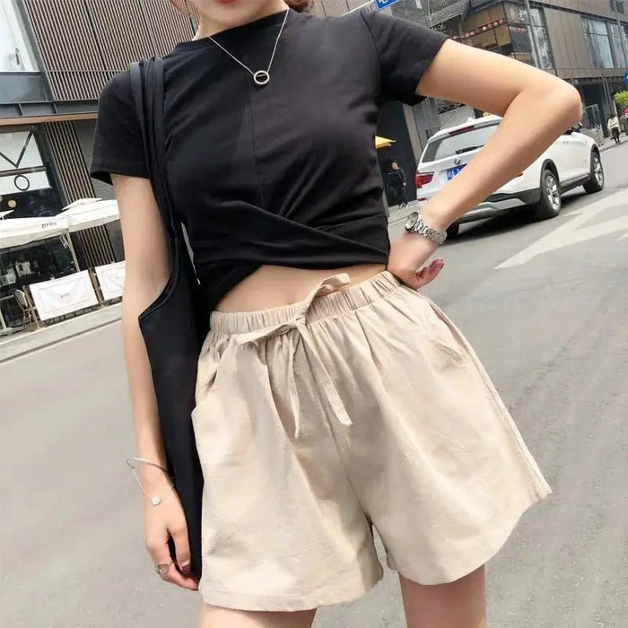 Women's Linen High Waist Shorts - Drawstring Closure Relaxed Fit