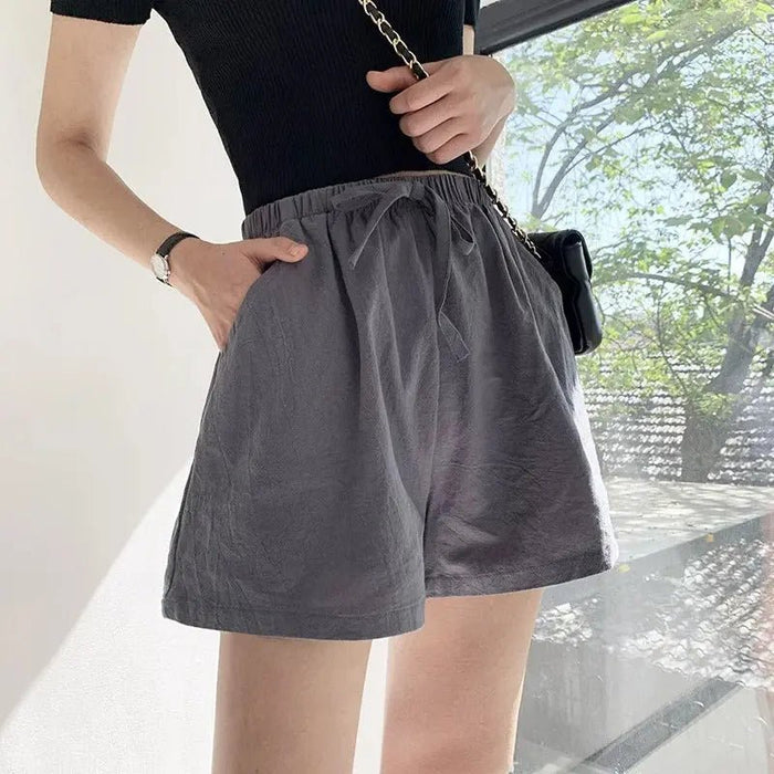 Women's Linen High Waist Shorts - Drawstring Closure Relaxed Fit