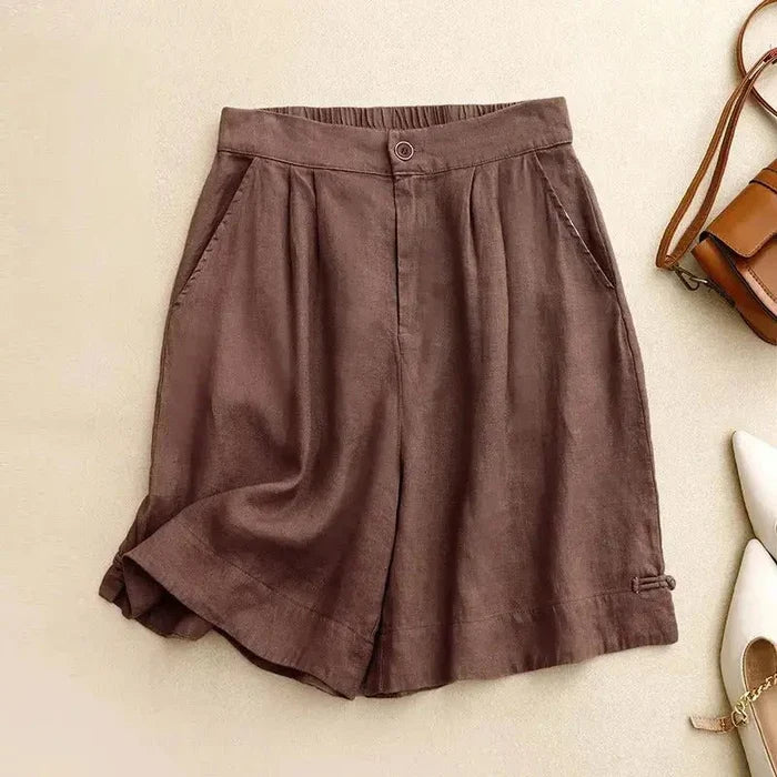 Women's Linen High Waist Shorts - Loose Fit Button Closure