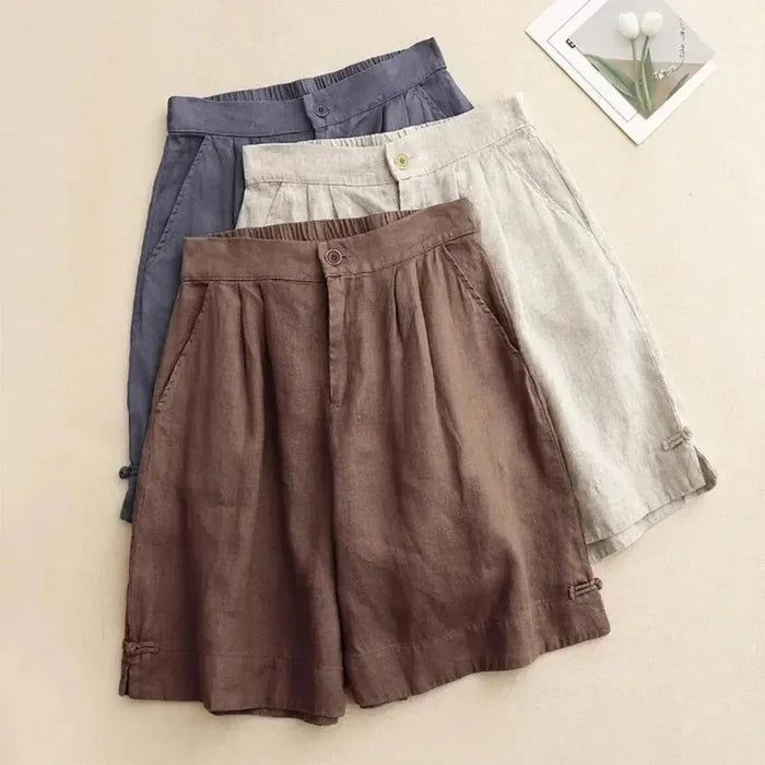 Women's Linen High Waist Shorts - Loose Fit Button Closure