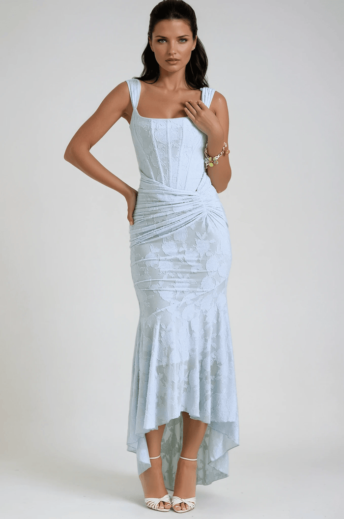 Women's Maxi Dress — Fitted Bodice Ruched Waist High-Low Hem