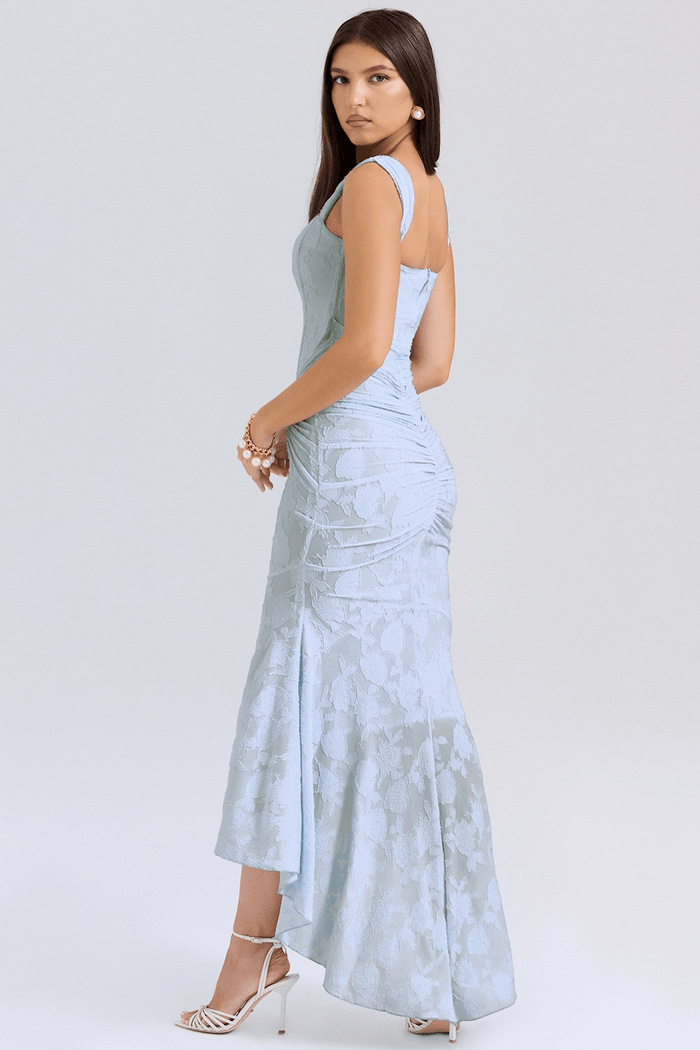 Women's Maxi Dress — Fitted Bodice Ruched Waist High-Low Hem