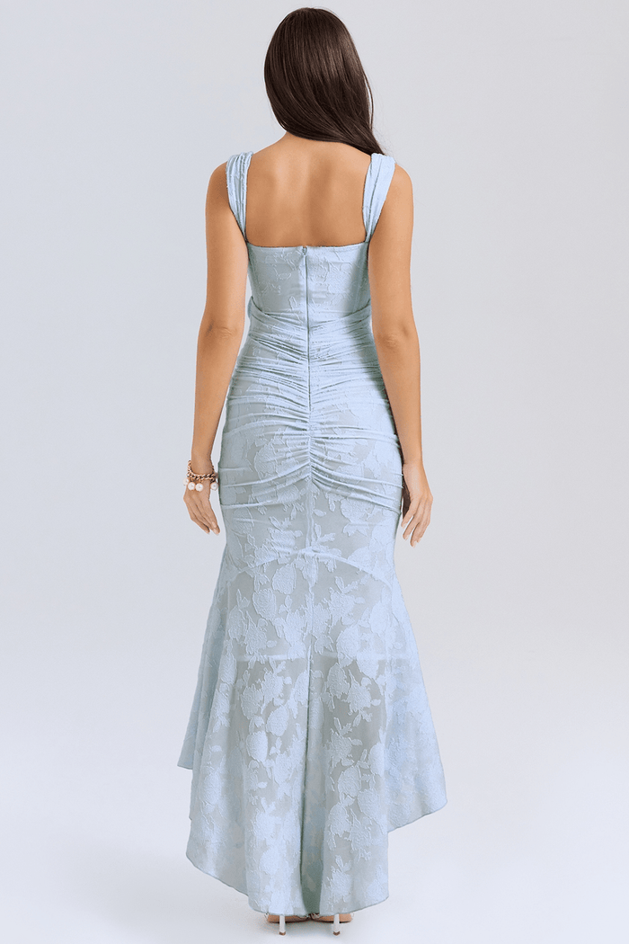 Women's Maxi Dress — Fitted Bodice Ruched Waist High-Low Hem