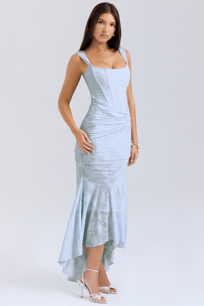 Women's Maxi Dress — Fitted Bodice Ruched Waist High-Low Hem