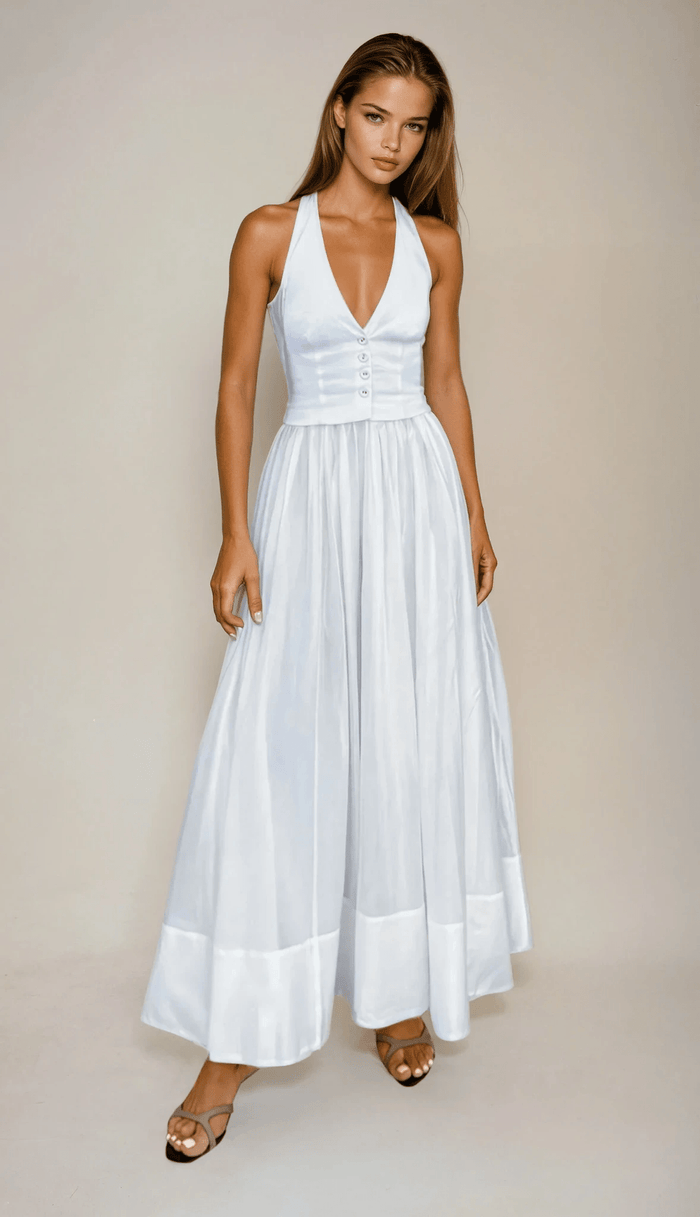 Women's Maxi Dress — Fitted V-Neckline Front Button Detail Design