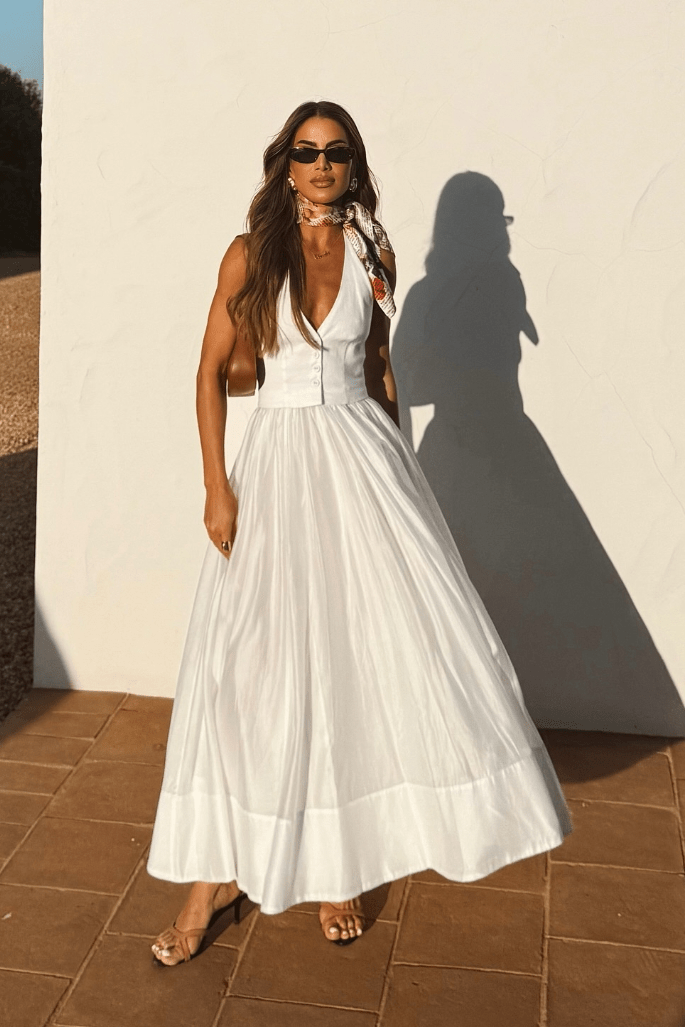 Women's Maxi Dress — Fitted V-Neckline Front Button Detail Design