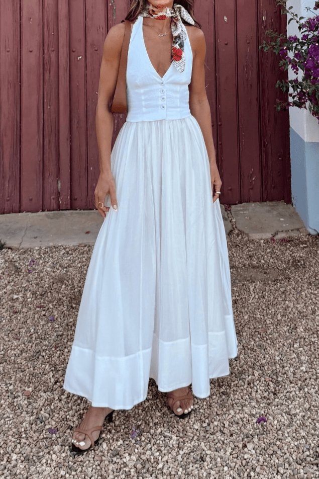Women's Maxi Dress — Fitted V-Neckline Front Button Detail Design