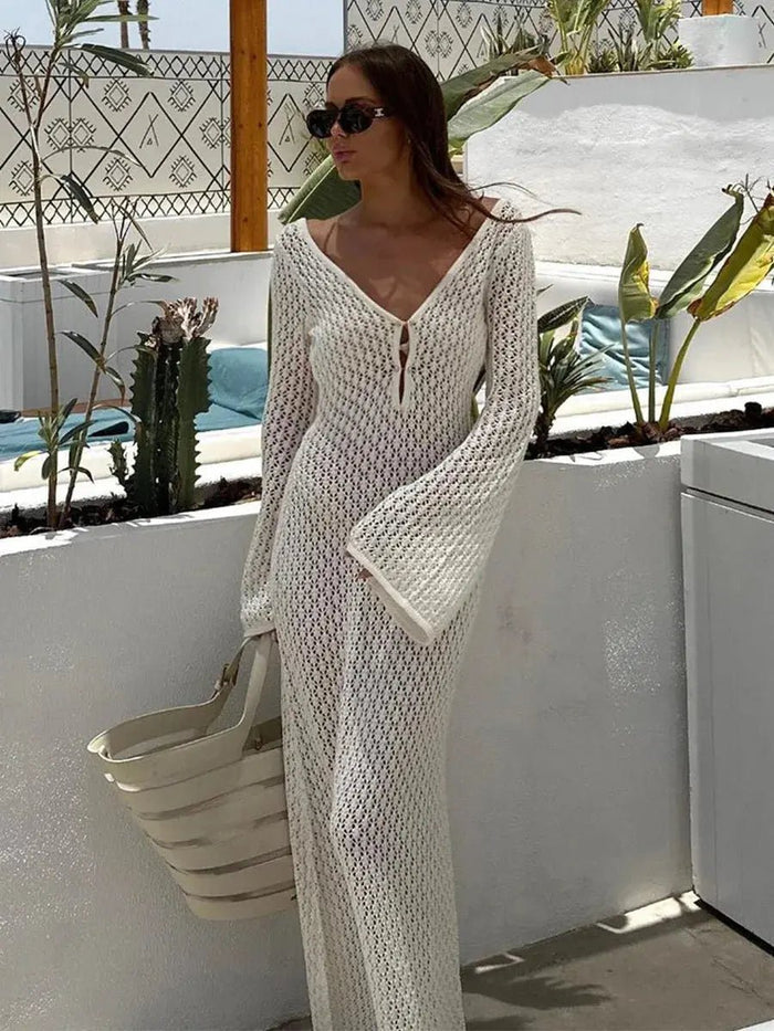 Women's Maxi Dress — Long Sleeve Keyhole Neckline Full Length