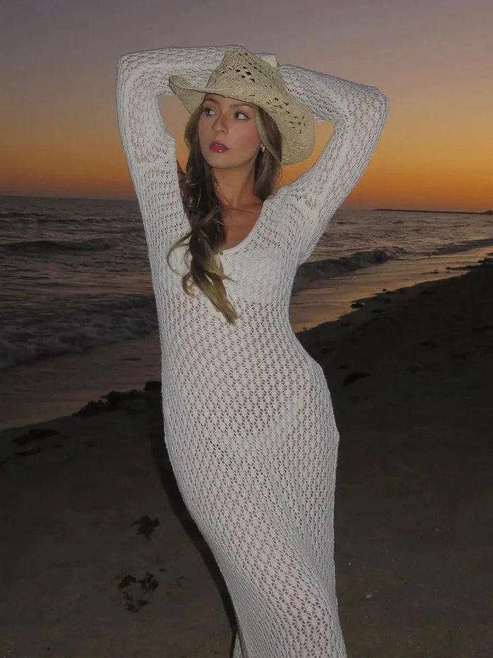 Women's Maxi Dress — Long Sleeve Keyhole Neckline Full Length