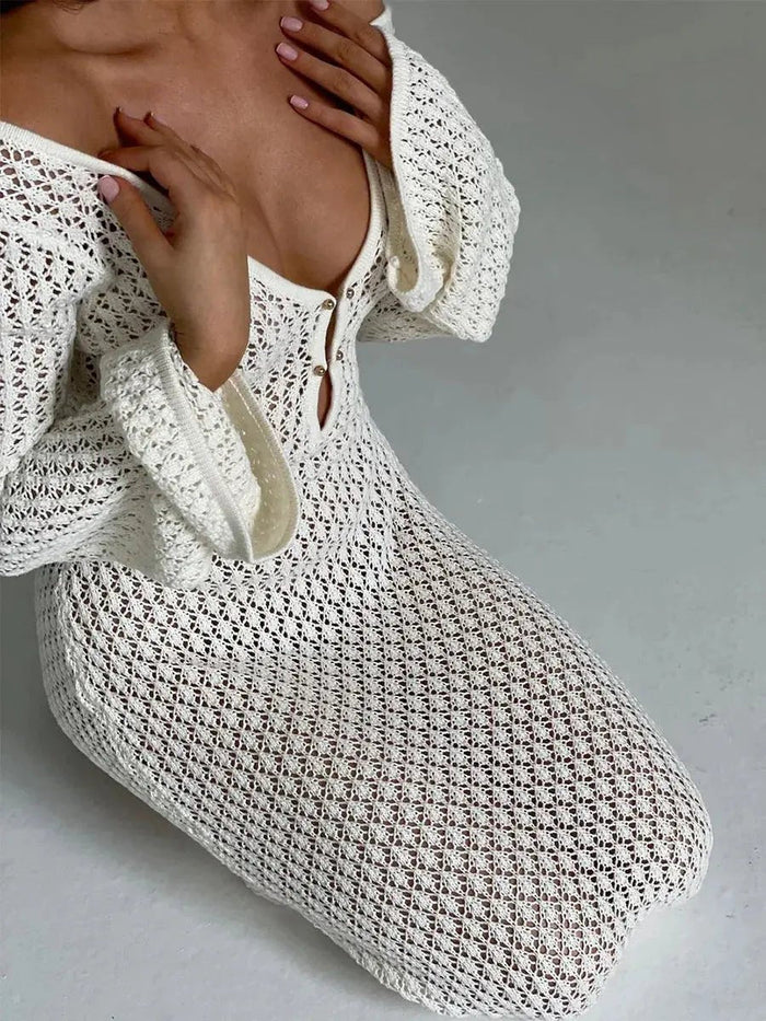Women's Maxi Dress — Long Sleeve Keyhole Neckline Full Length