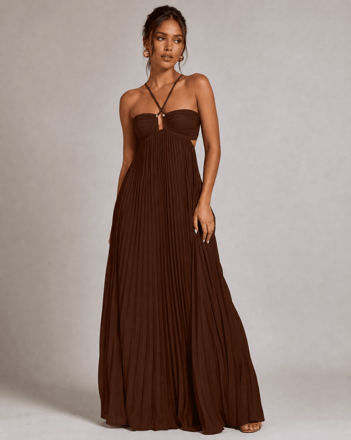 Women's Maxi Dress — Pleated Skirt Halter Neckline Open Back