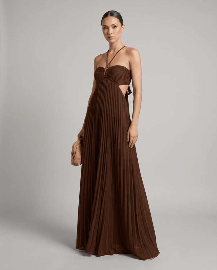 Women's Maxi Dress — Pleated Skirt Halter Neckline Open Back