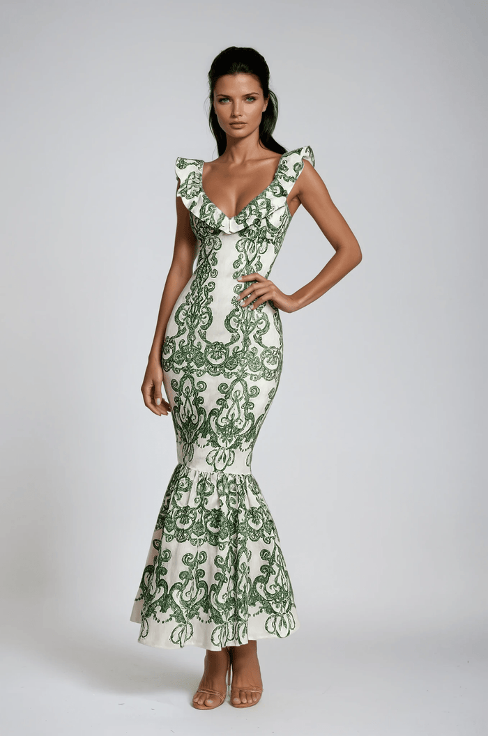 Women's Maxi Dress — Plunging Neckline Open Back Embroidered