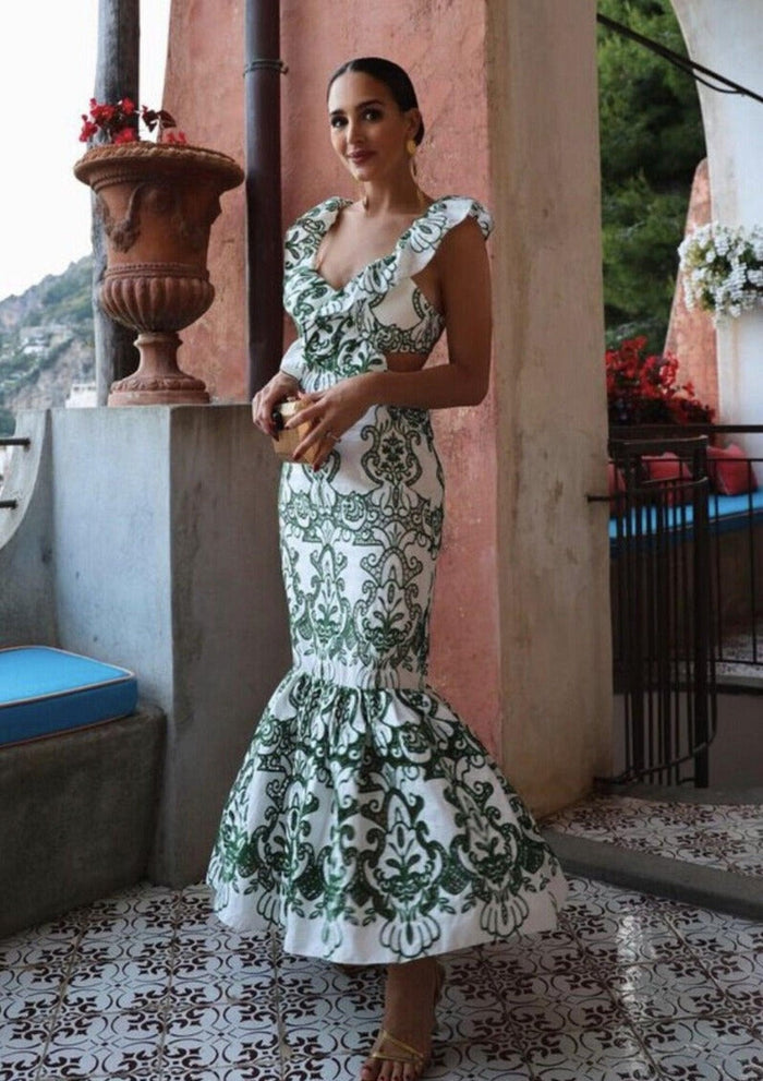 Women's Maxi Dress — Plunging Neckline Open Back Embroidered