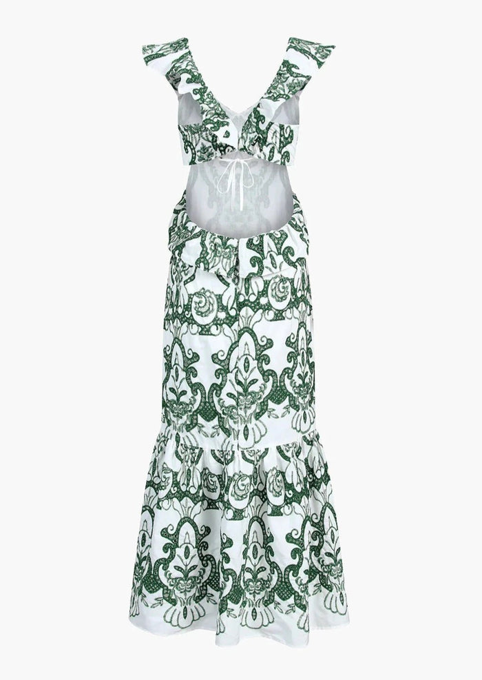 Women's Maxi Dress — Plunging Neckline Open Back Embroidered