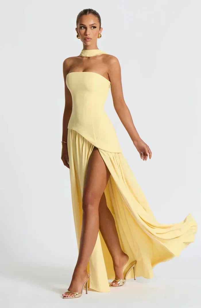 Women's Maxi Dress — Strapless High Slit Figure Hugging Fit