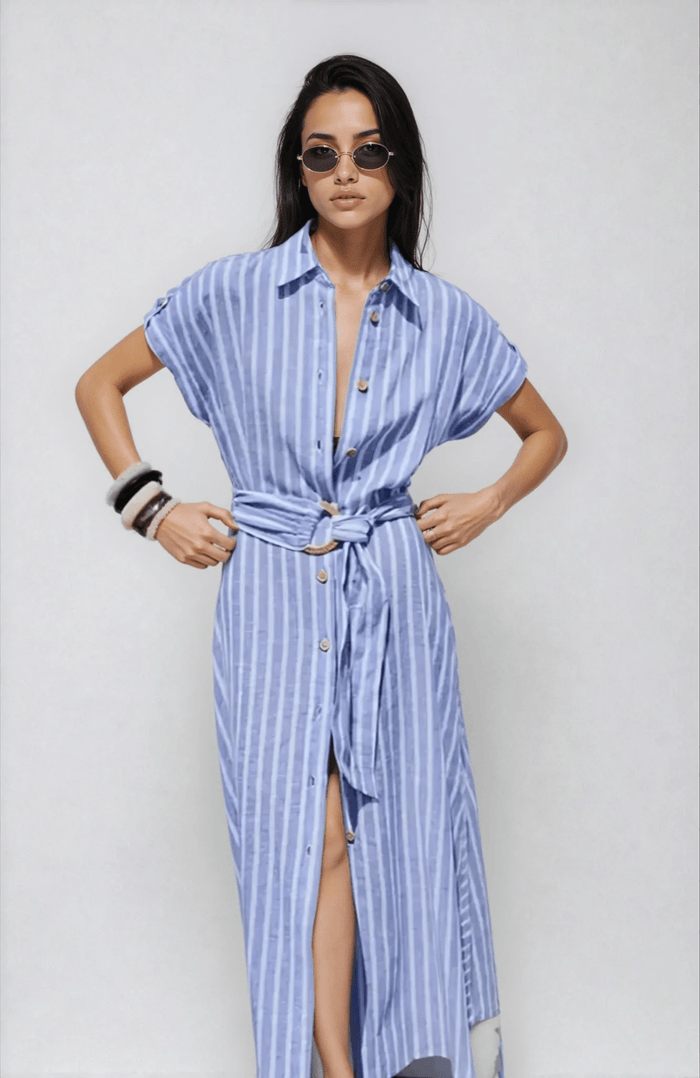 Women's Maxi Dress — Striped Short Sleeve Button-Front Tie Waist