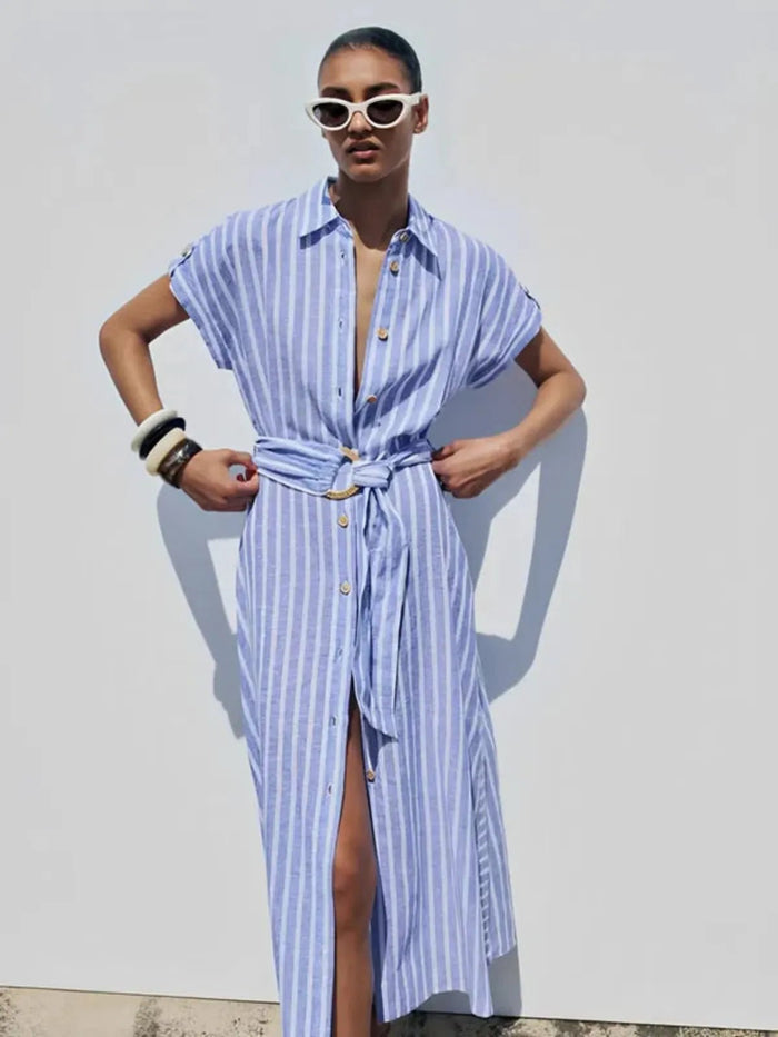 Women's Maxi Dress — Striped Short Sleeve Button-Front Tie Waist