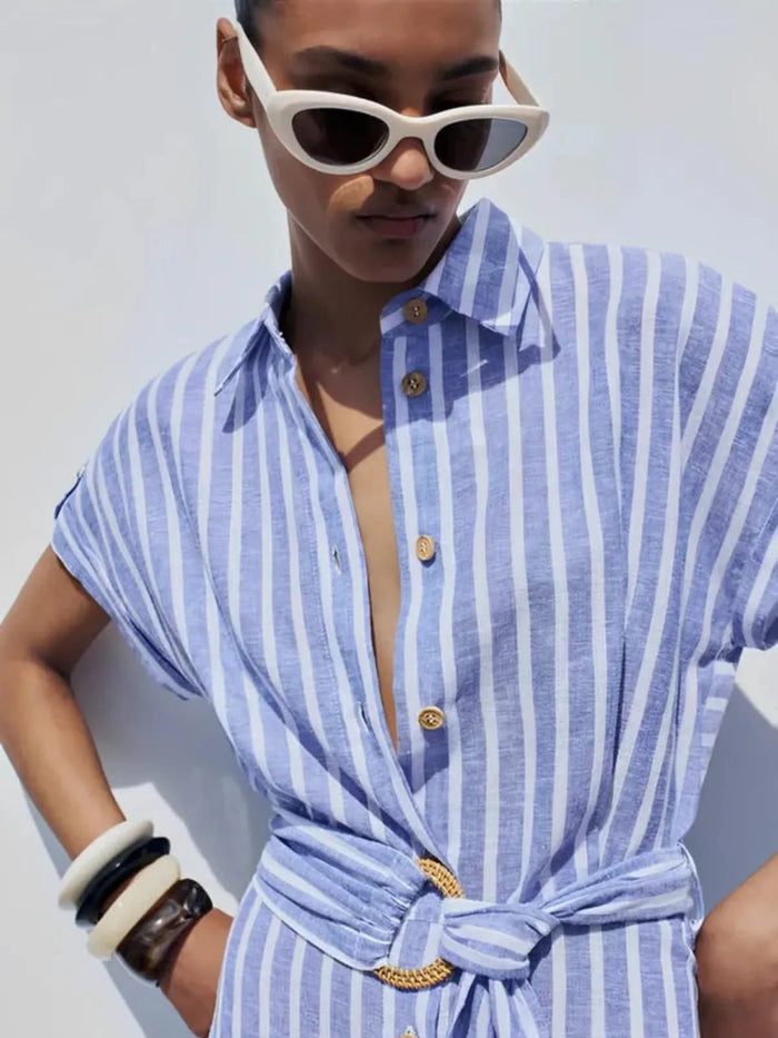 Women's Maxi Dress — Striped Short Sleeve Button-Front Tie Waist
