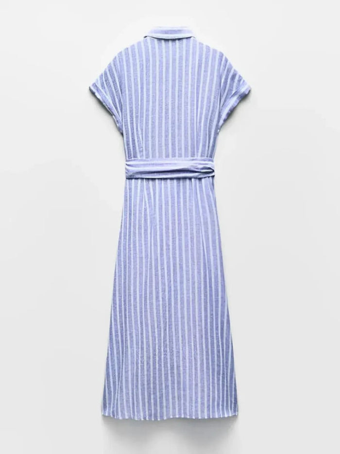 Women's Maxi Dress — Striped Short Sleeve Button-Front Tie Waist