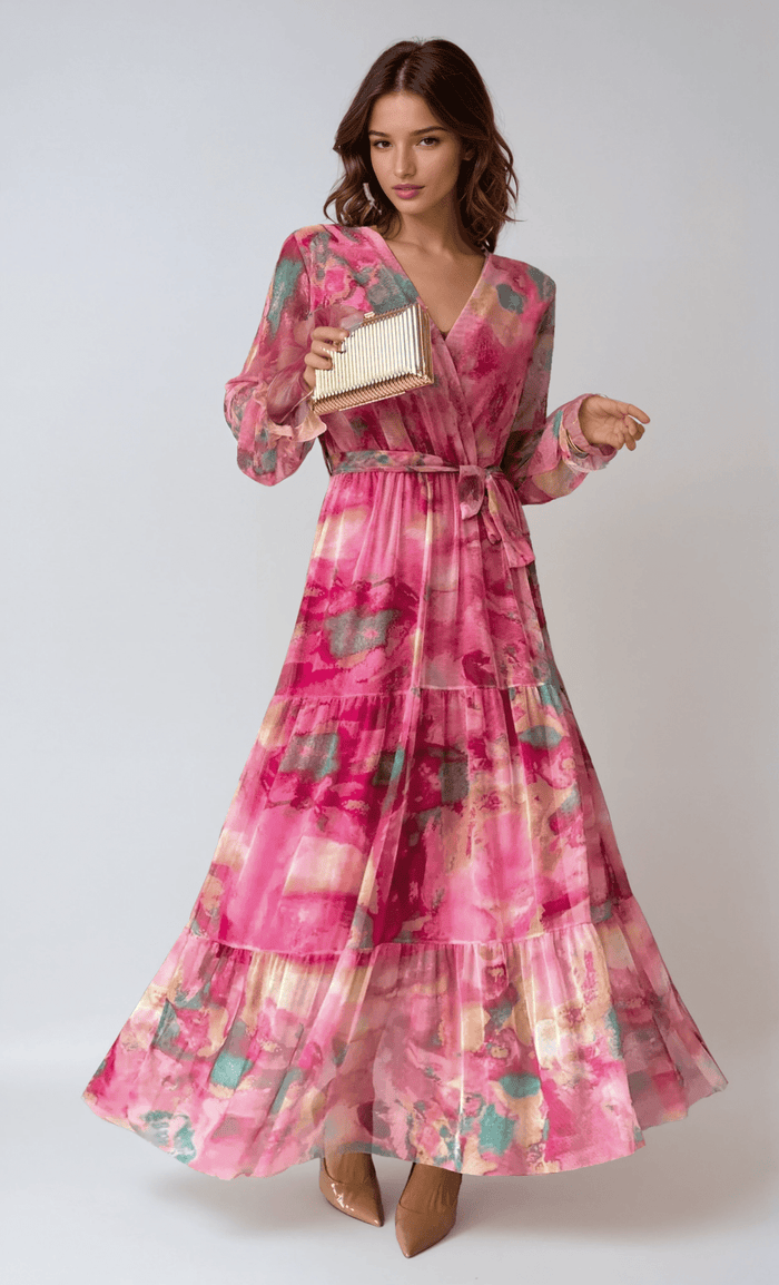 Women's Maxi Dress — Wrap Closure V-Neck Long Sleeve Design