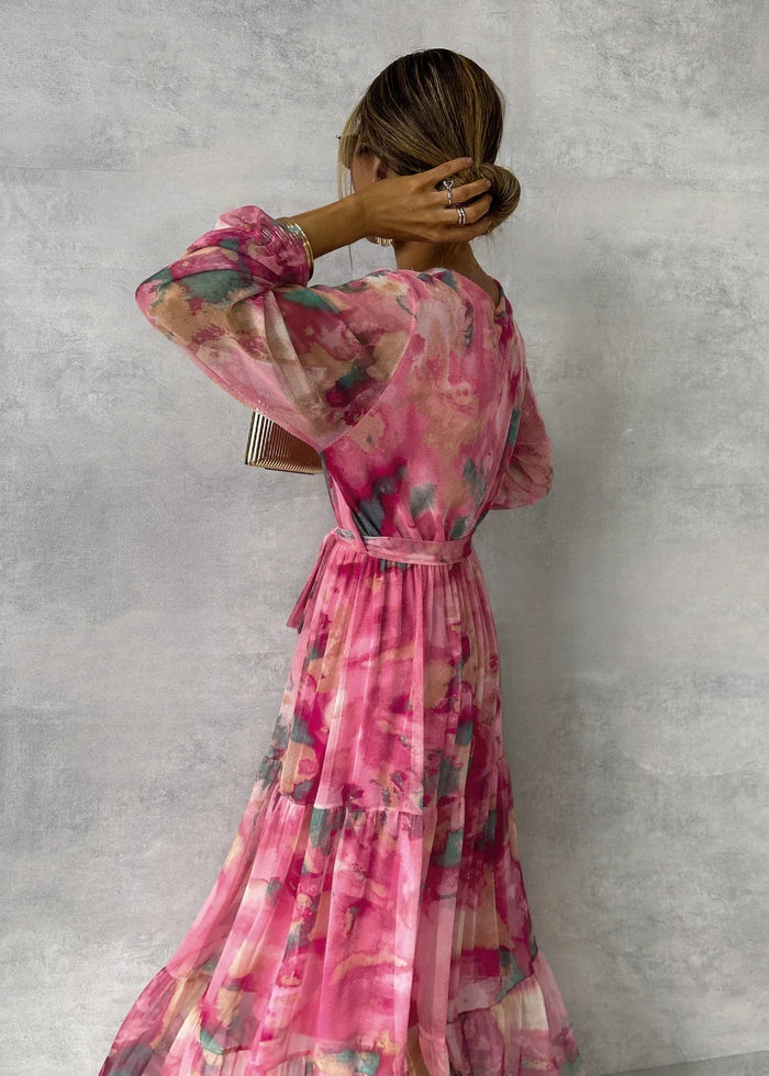 Women's Maxi Dress — Wrap Closure V-Neck Long Sleeve Design