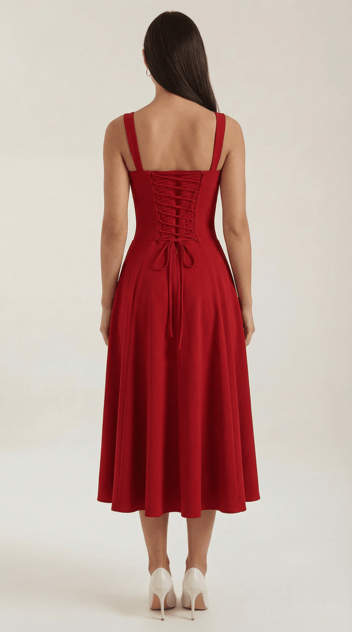 Women's Midi Dress - A-Line Sweetheart Neckline Lace-Up Front